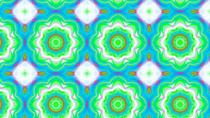 Seamless psychedelic kaleidoscope pattern with neon green, pink and orange mandala symmetry