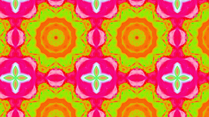 Seamless psychedelic kaleidoscope pattern with neon green, pink and orange mandala symmetry