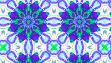 Seamless psychedelic kaleidoscope pattern with neon green, pink and orange mandala symmetry