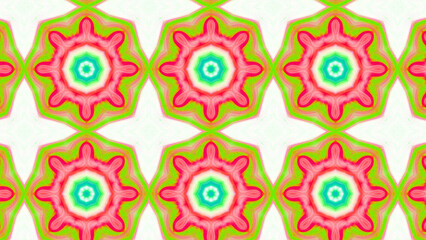 Seamless psychedelic kaleidoscope pattern with neon green, pink and orange mandala symmetry