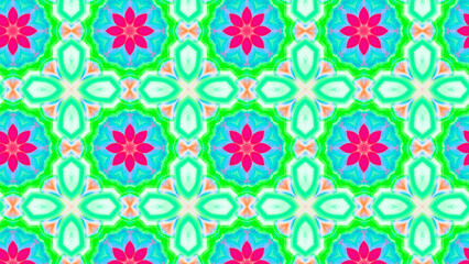 Seamless psychedelic kaleidoscope pattern with neon green, pink and orange mandala symmetry
