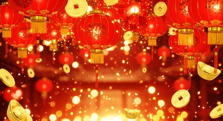 Chinese New Year lanterns and decorations shine bright with gold and red for a festive winter holiday celebration