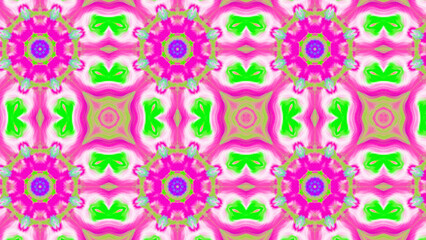 Seamless psychedelic kaleidoscope pattern with neon green, pink and orange mandala symmetry