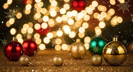 Bright red decoration baubles and gold ornaments on a tree celebrate the winter holiday season