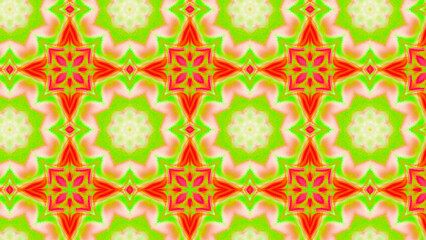 Seamless psychedelic kaleidoscope pattern with neon green, pink and orange mandala symmetry