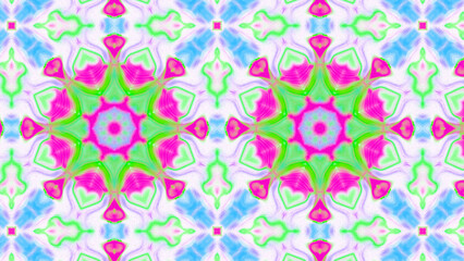 Seamless psychedelic kaleidoscope pattern with neon green, pink and orange mandala symmetry