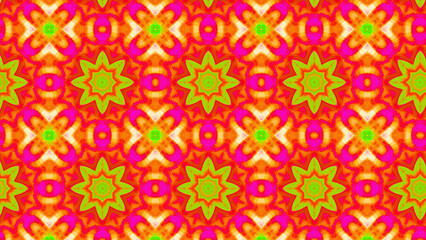 Seamless psychedelic kaleidoscope pattern with neon green, pink and orange mandala symmetry