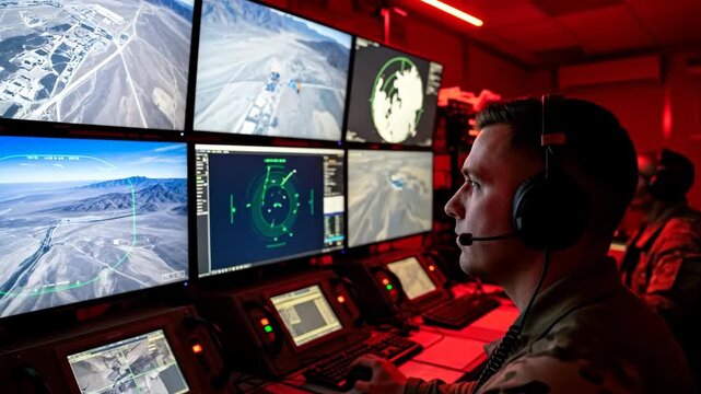 Military drone operator man controlling unmanned aerial vehicle system from a command center, modern warfare technology footage