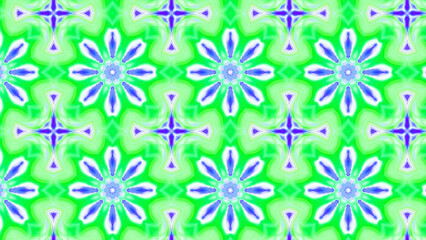 Seamless psychedelic kaleidoscope pattern with neon green, pink and orange mandala symmetry