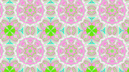 Seamless psychedelic kaleidoscope pattern with neon green, pink and orange mandala symmetry