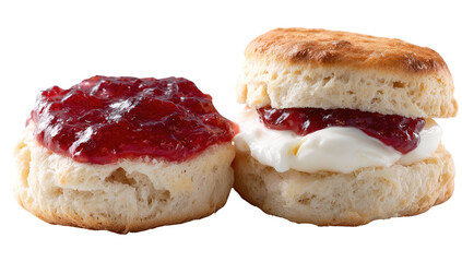 Two English scones, one topped with jam, the other cream and jam, against a transparent background