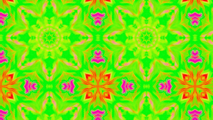 Seamless psychedelic kaleidoscope pattern with neon green, pink and orange mandala symmetry