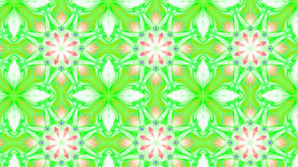 Seamless psychedelic kaleidoscope pattern with neon green, pink and orange mandala symmetry