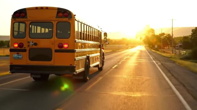 Chasing Dreams A Classic Yellow School Bus Rides into the Sunset s Golden Glow Symbolizing New Beginnings and Hope with