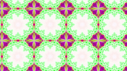 Seamless psychedelic kaleidoscope pattern with neon green, pink and orange mandala symmetry