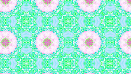 Seamless psychedelic kaleidoscope pattern with neon green, pink and orange mandala symmetry