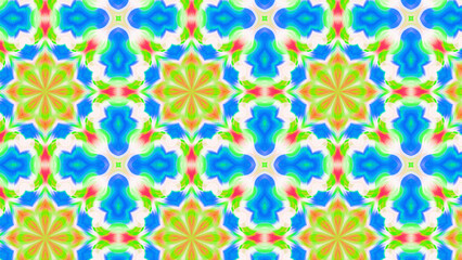 Seamless psychedelic kaleidoscope pattern with neon green, pink and orange mandala symmetry