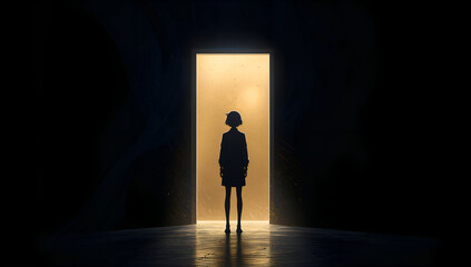 Silhouette of a person standing in front of an open doorway