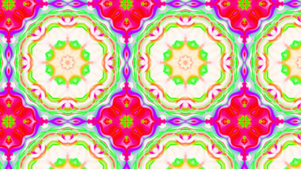 Seamless psychedelic kaleidoscope pattern with neon green, pink and orange mandala symmetry