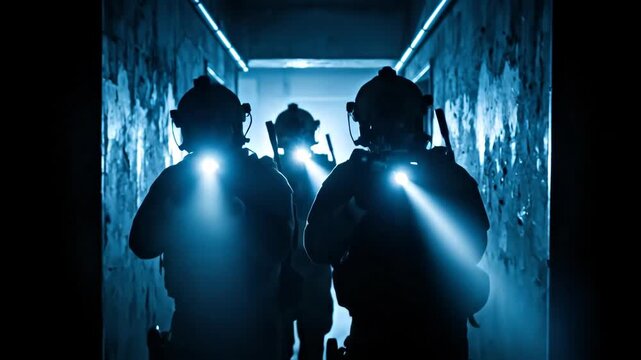Special forces squad exploring dark corridor with tactical flashlights, military operation concept footage