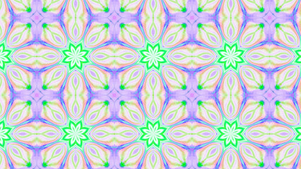 Seamless psychedelic kaleidoscope pattern with neon green, pink and orange mandala symmetry