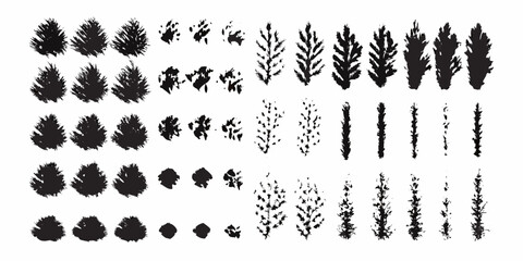Collection of black silhouette sprigs leaves and pine tree shapes isolated on white background