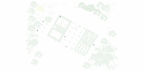 Abstract aerial view of a stylized urban or park landscape with geometric building shapes and scattered trees