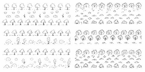 Collection of hand drawn sketchy trees and bushes in various styles and sizes for architectural design and illustration