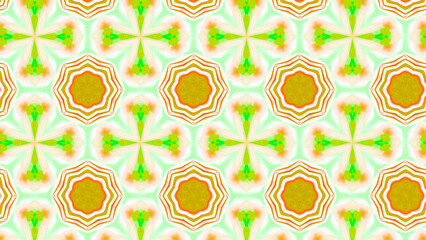 Seamless psychedelic kaleidoscope pattern with neon green, pink and orange mandala symmetry