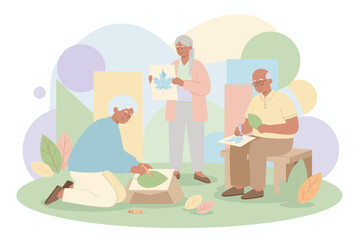 Senior friends enjoy an outdoor art activity creating leaf rubbings together Happy aging community