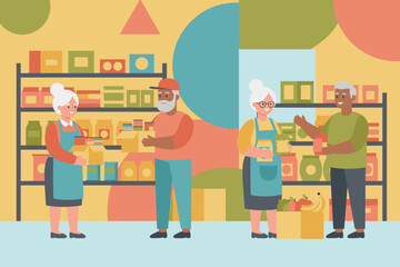 Senior people volunteering at a food bank offering and receiving aid illustrating community support