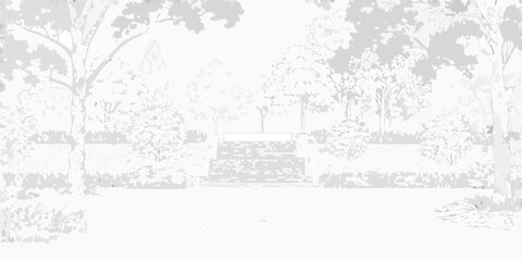 Serene garden landscape with stone steps leading to a tranquil clearing surrounded by trees and foliage