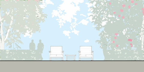 Stylized illustration of a serene garden scene with two chairs and a table under blooming trees and a blue sky