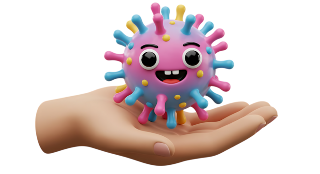 Cute cartoon virus character held in a hand on transparent background