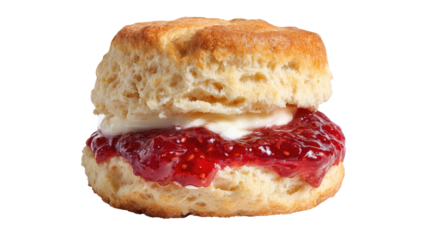A freshly baked biscuit split and filled with jam and cream, presented against a neutral background