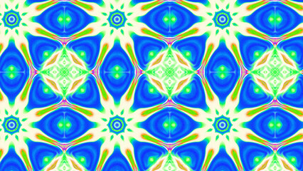 Seamless psychedelic kaleidoscope pattern with neon green, pink and orange mandala symmetry