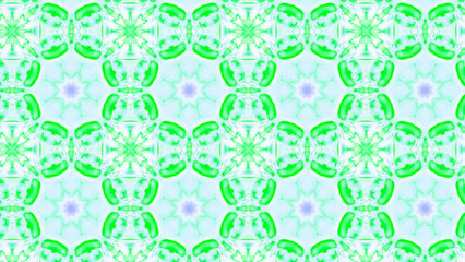 Seamless psychedelic kaleidoscope pattern with neon green, pink and orange mandala symmetry
