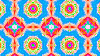 Seamless psychedelic kaleidoscope pattern with neon green, pink and orange mandala symmetry