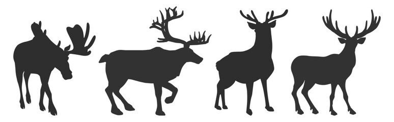 Deer and elk silhouette set. Wild forest animal shapes with antlers vector illustration on transparent background