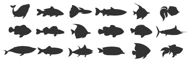 Sea animals and fish silhouette set. Marine creatures and underwater vector illustration on transparent background