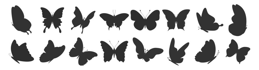Butterfly silhouettes set. Various flying insect shapes with wings vector illustration on transparent background