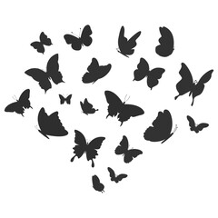 Butterflies flying silhouette composition. Group of insects in motion vector illustration on transparent background