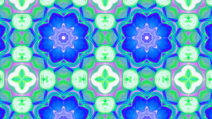 Seamless psychedelic kaleidoscope pattern with neon green, pink and orange mandala symmetry
