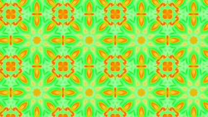 Seamless psychedelic kaleidoscope pattern with neon green, pink and orange mandala symmetry