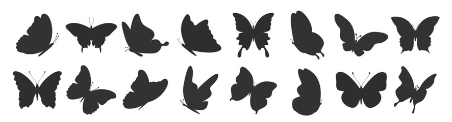 Butterfly silhouettes set. Various flying insect shapes with wings vector illustration on transparent background