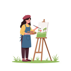 a girl painting scenery on an easel, wearing beret and apron, small palette in hand, colorful paint strokes visible