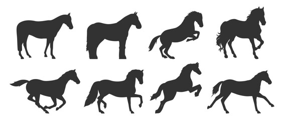 Horse silhouettes set. Various running and standing horses vector illustration on transparent background