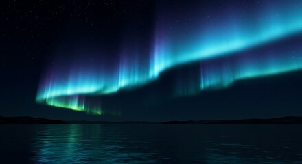 Naklejka premium Stunning aurora borealis displaying vibrant lights over still water at night