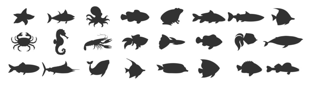 Sea animals and fish silhouette set. Marine creatures and underwater vector illustration on transparent background