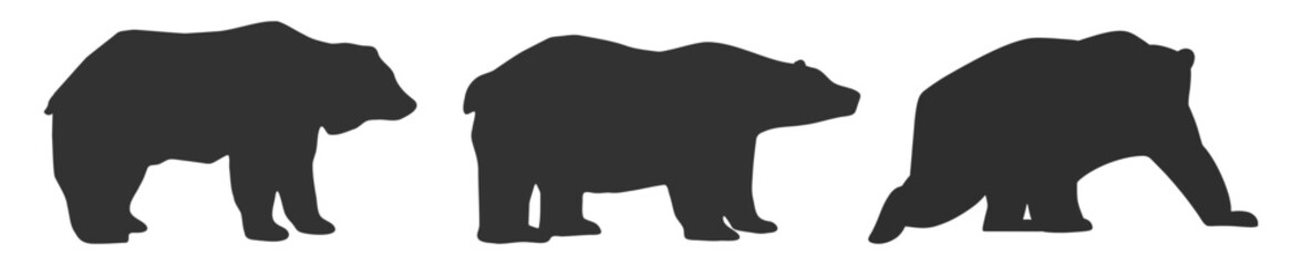Bear silhouettes set. Wild forest animal shapes in standing and walking poses vector illustration on transparent background